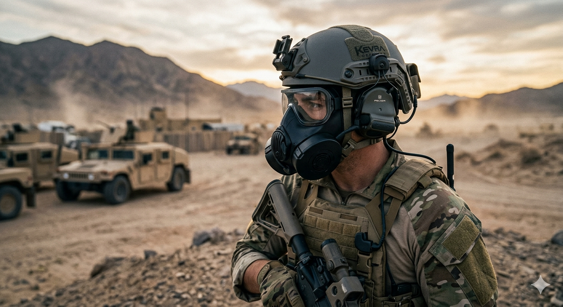 Custom tactical ballistic helmet and body armor integration solution by Kevra Defense