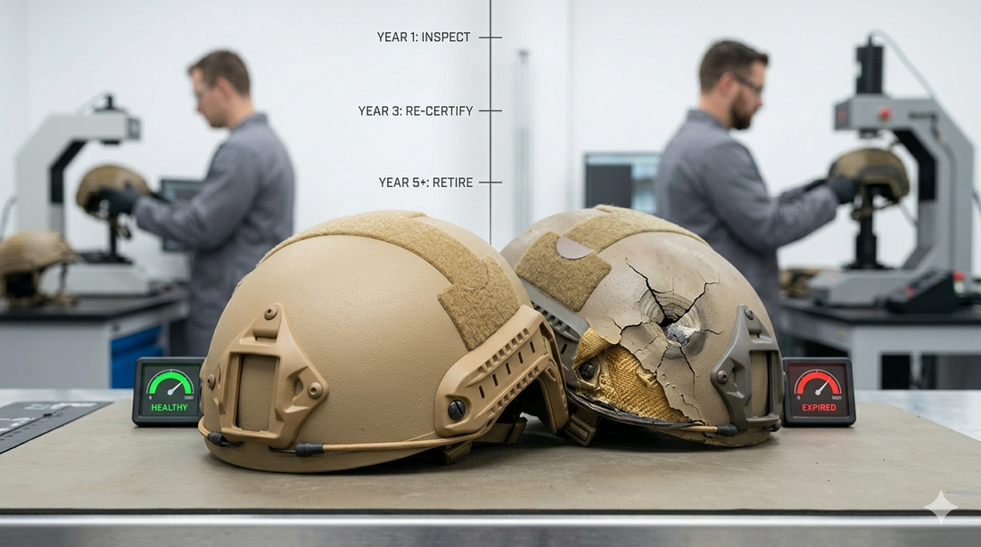 Tactical ballistic helmet inspection — checking shell integrity, padding, and retention system for NIJ compliance