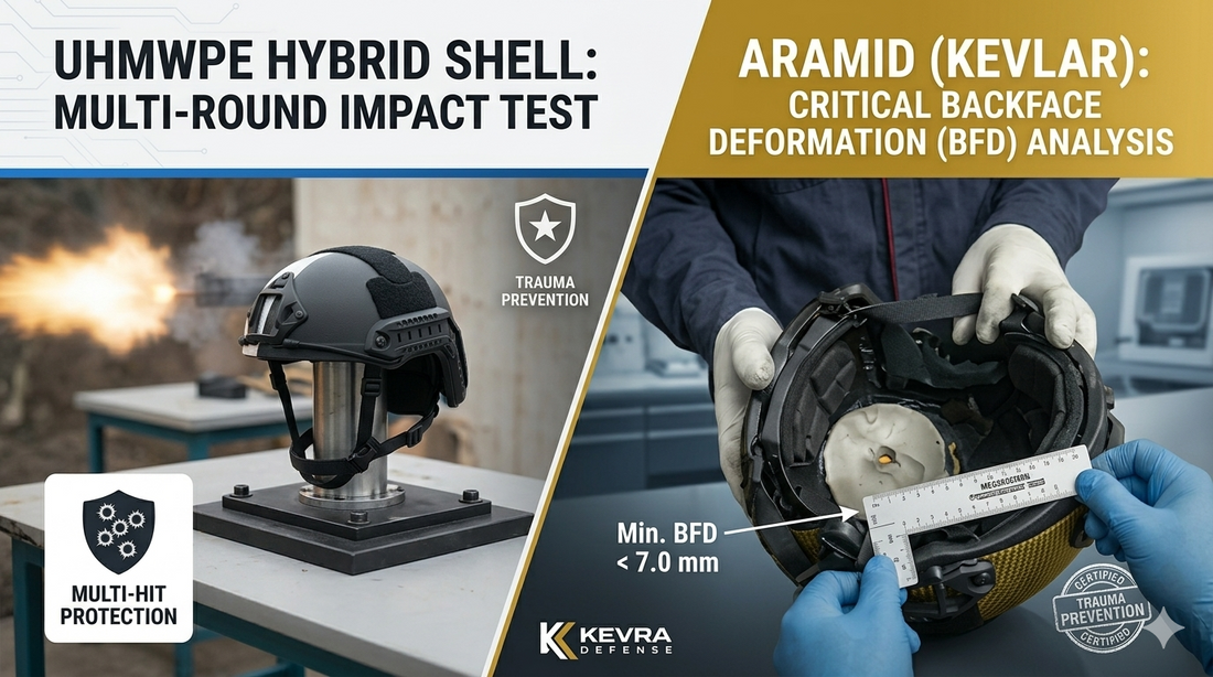 Kevra Defense ballistic helmet after live-fire multi-shot test showing structural integrity