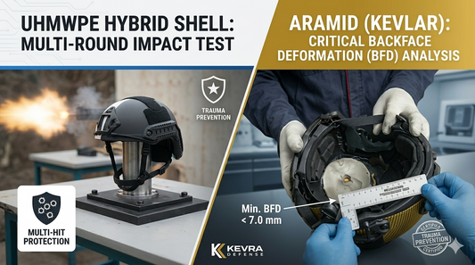 Kevra Defense ballistic helmet after live-fire multi-shot test showing structural integrity