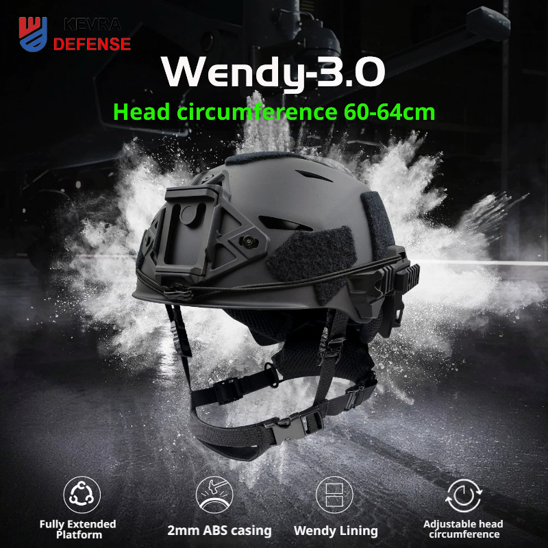 Wendy 3.0 black tactical helmet overview showing 2mm ABS shell and 60–64cm head circumference