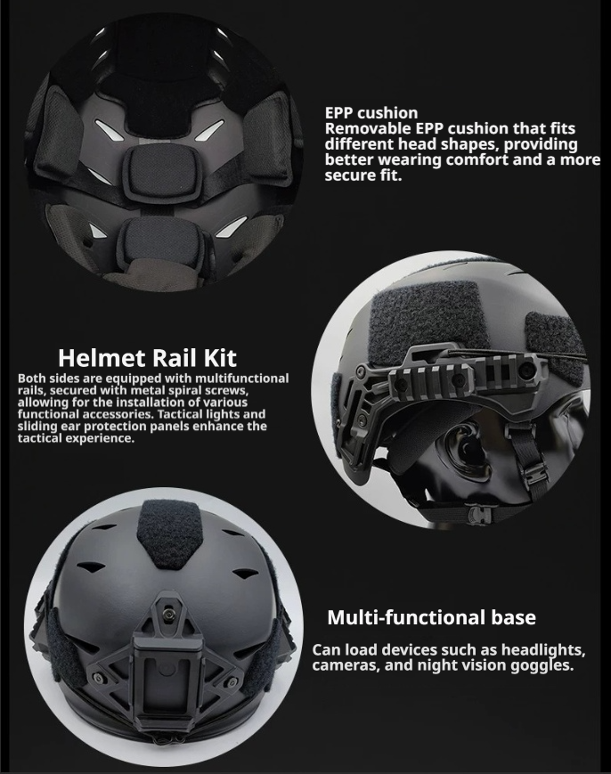 Wendy 3.0 helmet details showing removable interior pads, side accessory rails and front mounting shroud